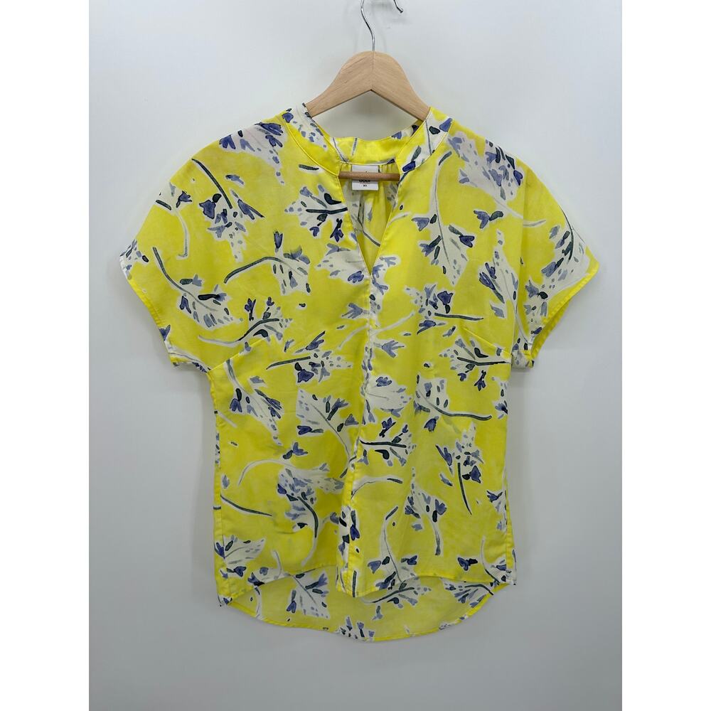 Cabi Women Blouse Yellow Floral Short Sleeve Sheer‎ V Neck Size XS Office Career